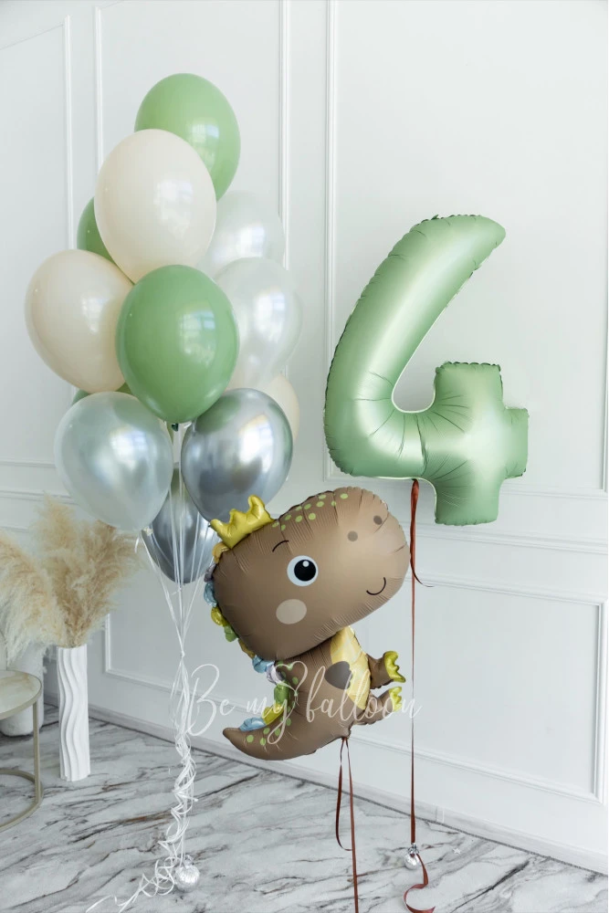 Small Brown Dino Helium Balloon Bouquet with Olive Number Balloon