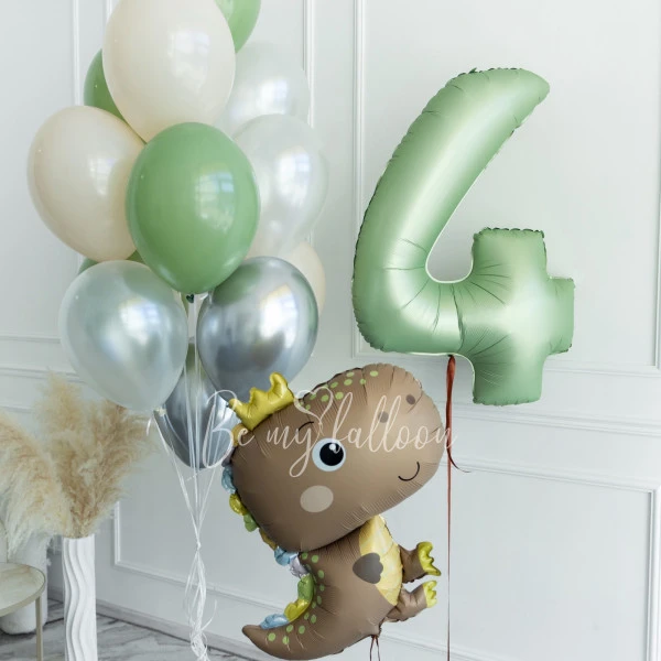 Small Brown Dino Helium Balloon Bouquet with Olive Number Balloon
