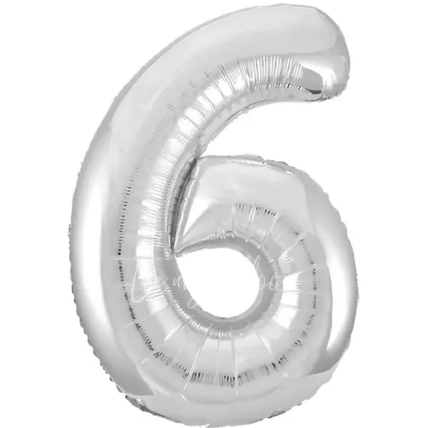 40" Helium foil gloss Silver Number 6 balloon