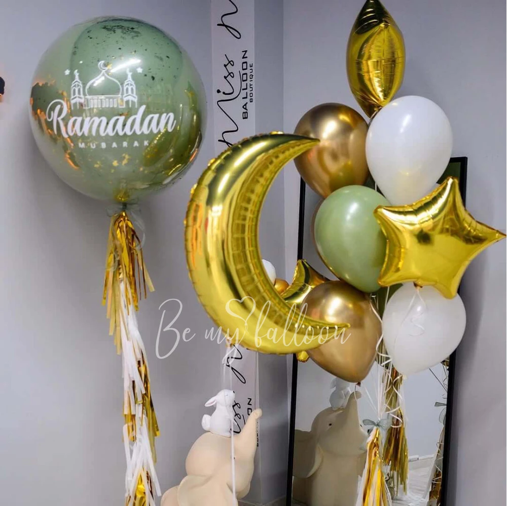 زينة بالونات "رمضان مبارك" مع اليوكاليبتوس، الهلال الذهبي، ونجوم الزينة   