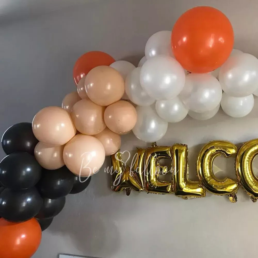 Welcome! organic balloon garland composition