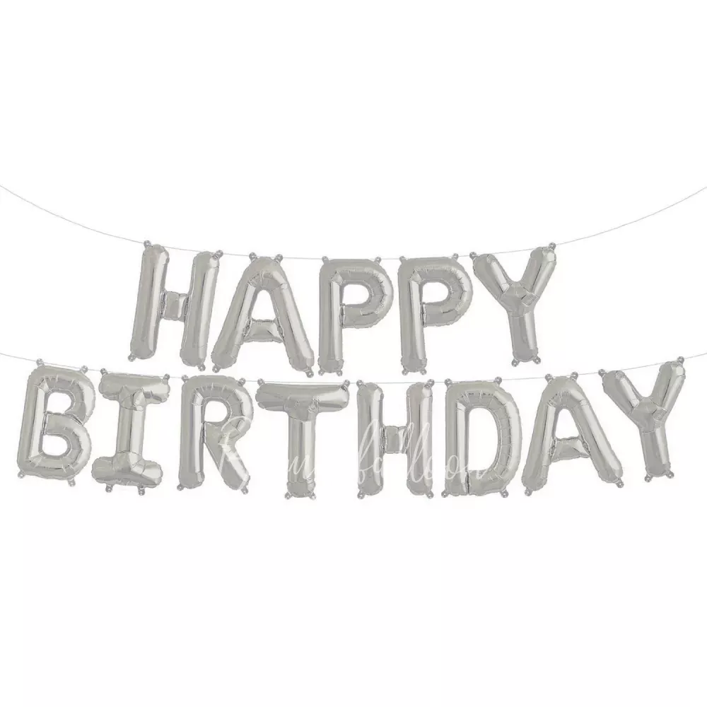 Air-filled foil gloss Silver Happy Birthday balloon garland